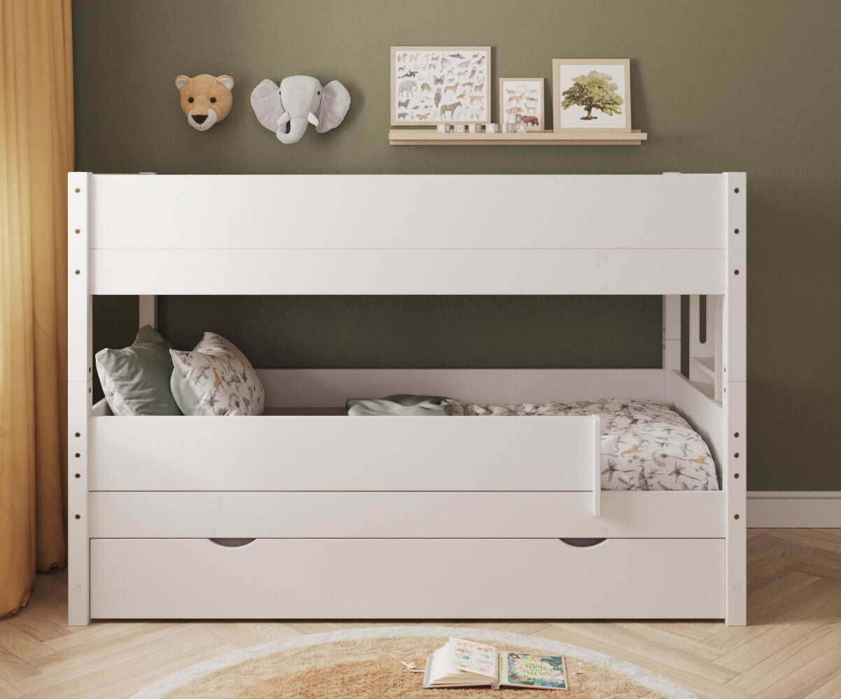 PROMO ! Lit superposé enfant avec tiroir Combeebed Blanc 90x200 cm Echelle petit côté 1 barrière de sécurité Version basse