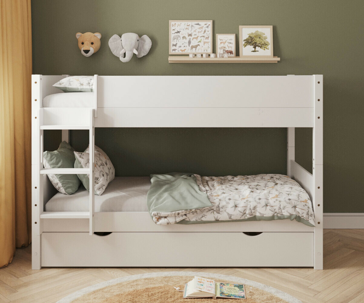 PROMO ! Lit superposé enfant avec tiroir Combeebed Blanc 90x200 cm Echelle grand côté Sans barrière de sécurité Version basse