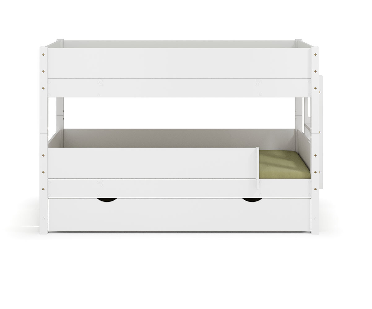 PROMO ! Lit superposé enfant avec sommier gigogne Combeebed Blanc 90x200 cm Echelle petit côté 1 barrière de sécurité Version basse