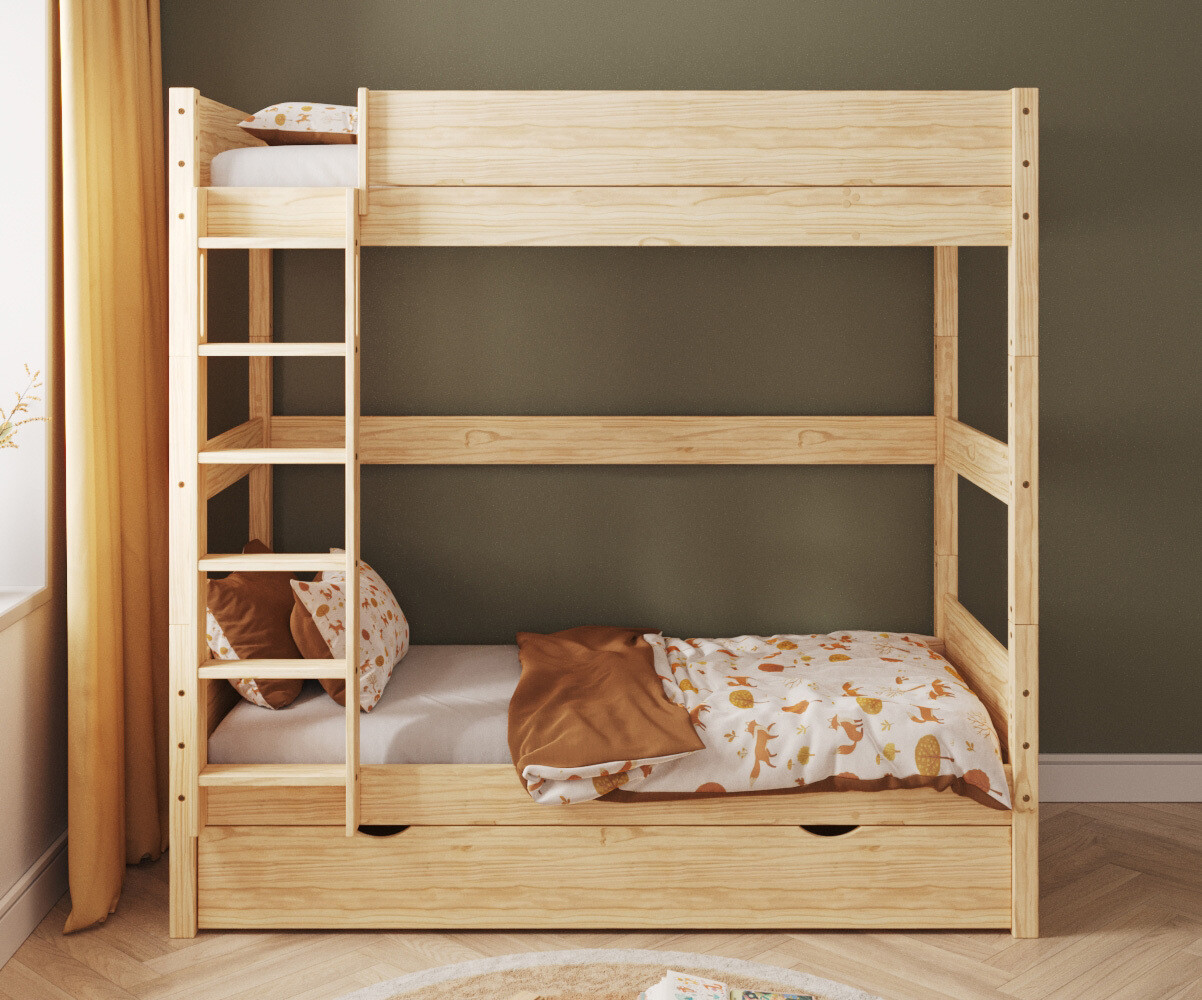 Lit superposé enfant avec sommier gigogne Combeebed Bois naturel 90x200 cm Echelle grand côté Sans barrière de sécurité Version haute