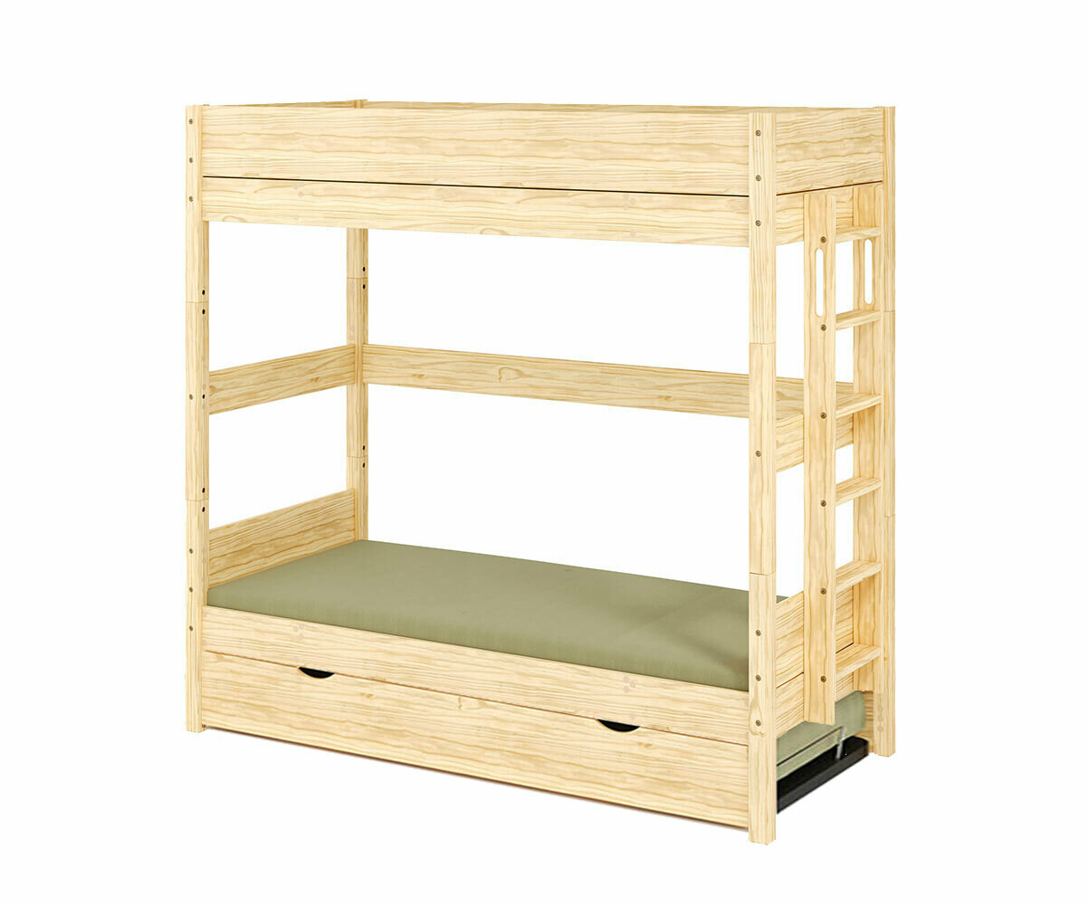 Lit superposé enfant avec sommier gigogne Combeebed Bois naturel 90x200 cm Echelle petit côté Sans barrière de sécurité Version haute