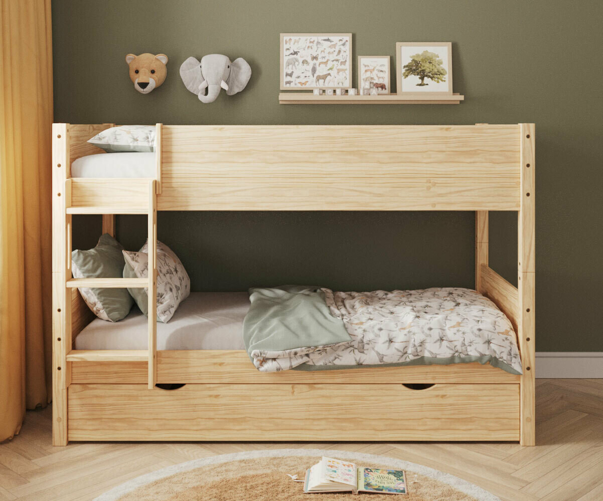 Lit superposé enfant avec sommier gigogne Combeebed Bois naturel 90x200 cm Echelle grand côté Sans barrière de sécurité Version basse