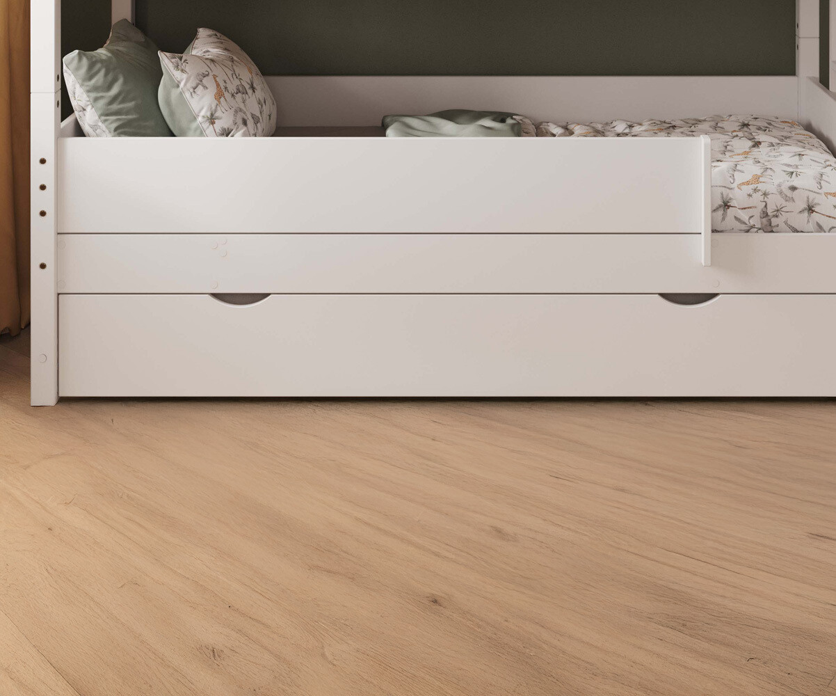 PROMO ! Lit superposé enfant avec estrade Combeebed Blanc 90x200 cm Echelle petit côté 1 barrière de sécurité Version basse