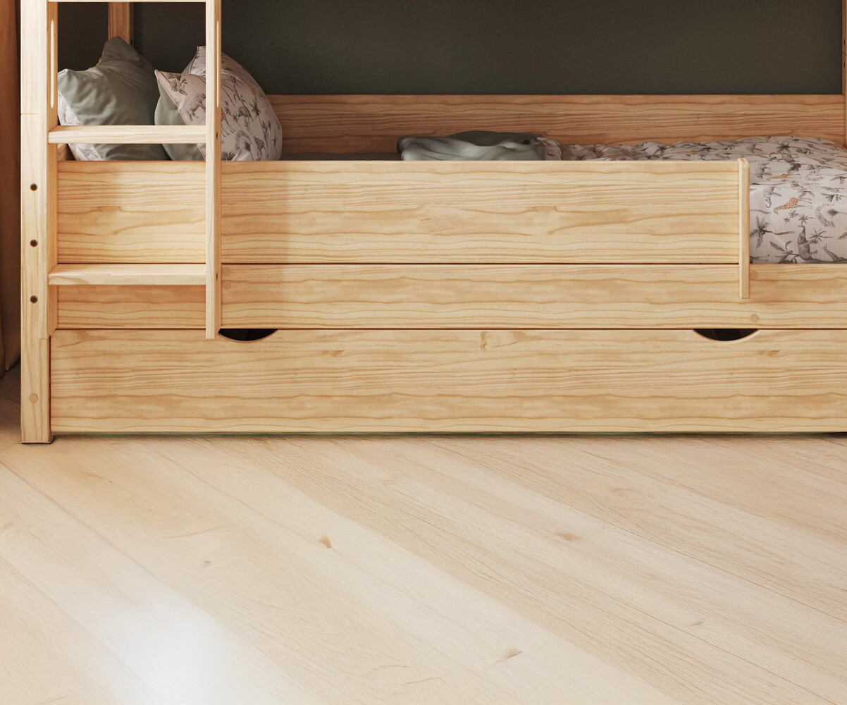 Lit superposé enfant avec estrade Combeebed Bois naturel 90x200 cm Echelle grand côté 1 barrière de sécurité Version basse