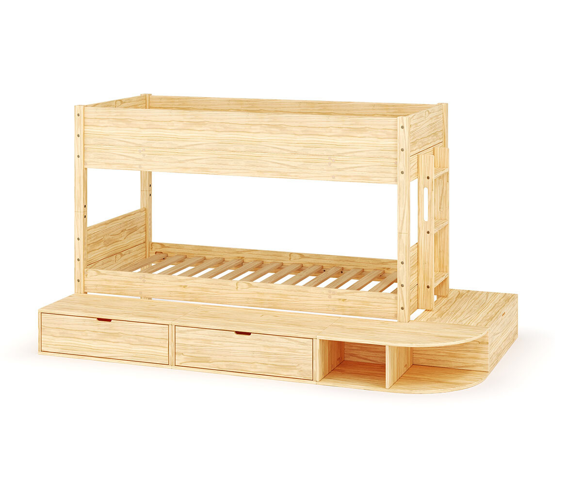 Lit superposé enfant avec estrade Combeebed Bois naturel 90x200 cm Echelle petit côté Sans barrière de sécurité Version basse
