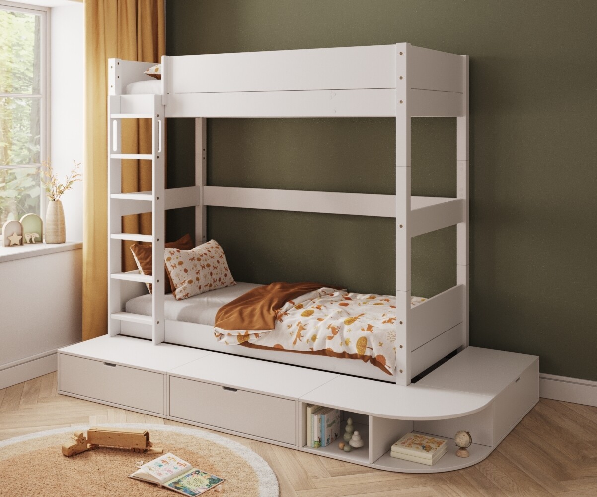 PROMO ! Lit superposé enfant avec estrade Combeebed Blanc 90x200 cm Echelle grand côté Sans barrière de sécurité Version haute