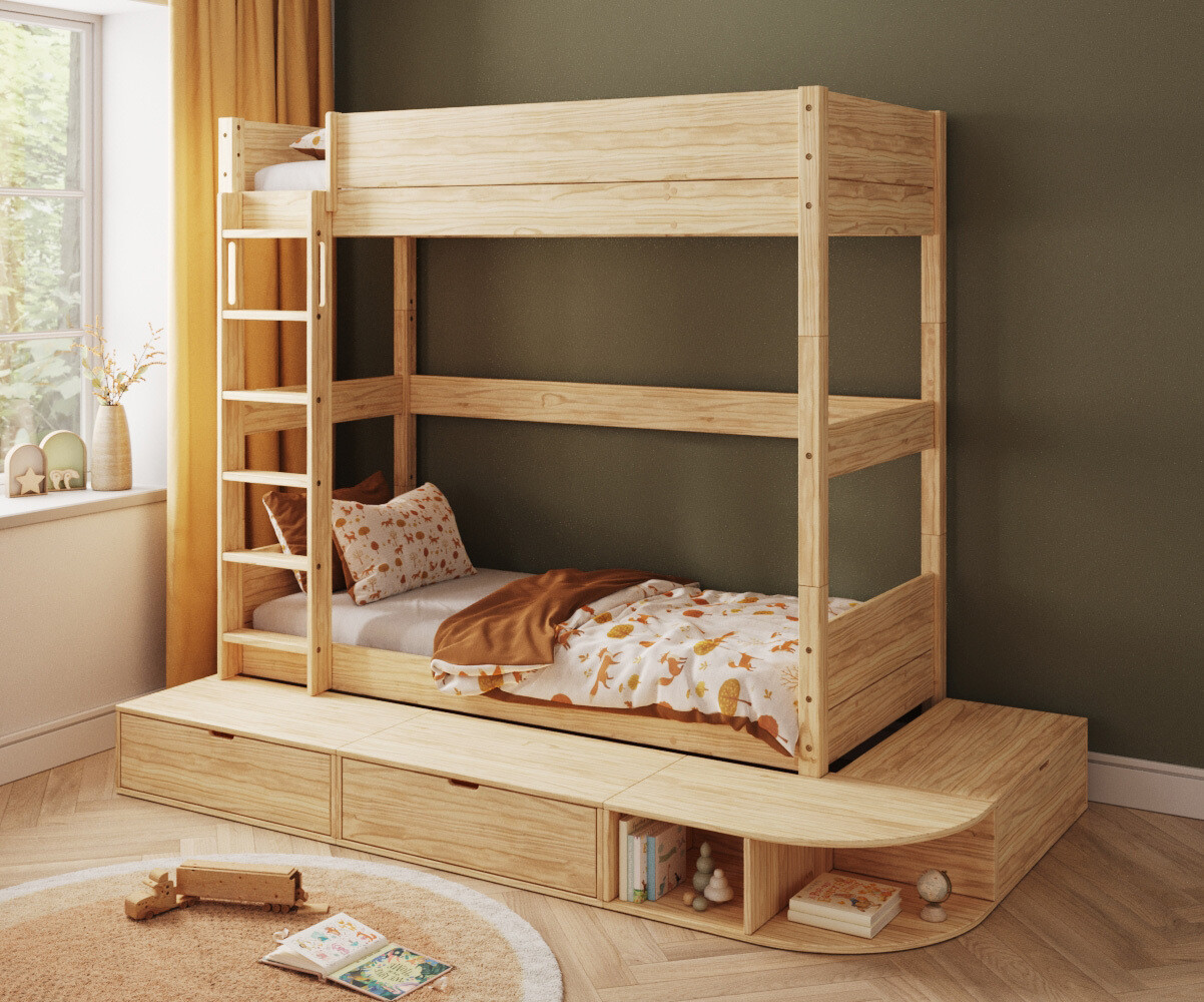 Lit superposé enfant avec estrade Combeebed Bois naturel 90x200 cm Echelle grand côté Sans barrière de sécurité Version haute