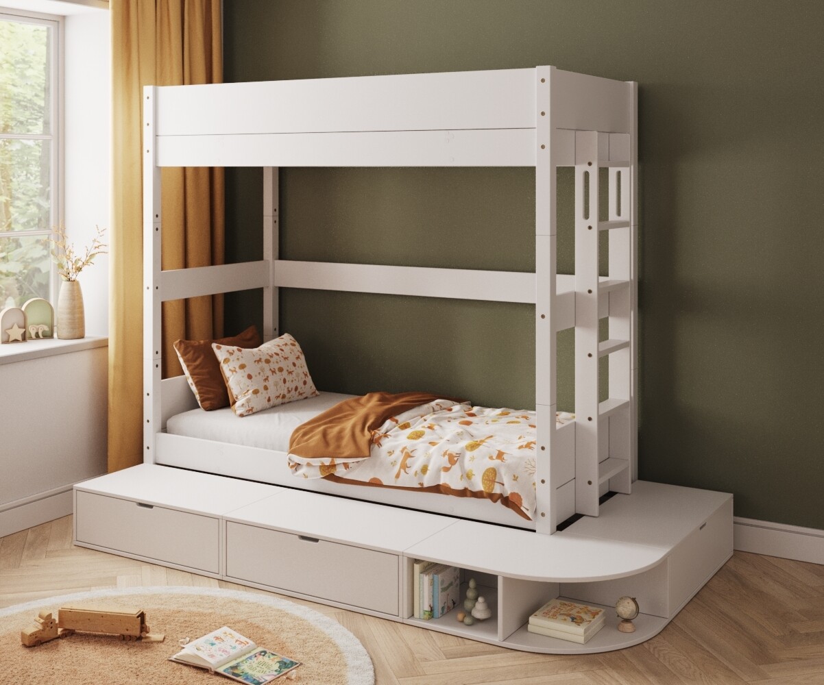 PROMO ! Lit superposé enfant avec estrade Combeebed Blanc 90x200 cm Echelle petit côté Sans barrière de sécurité Version haute