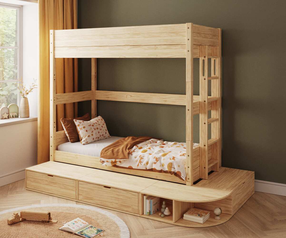 Lit superposé enfant avec estrade Combeebed Bois naturel 90x200 cm Echelle petit côté Sans barrière de sécurité Version haute