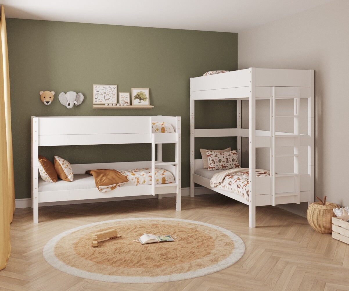 PROMO ! Lit superposé enfant avec estrade Combeebed Blanc 90x200 cm Echelle petit côté Sans barrière de sécurité Version évolutive