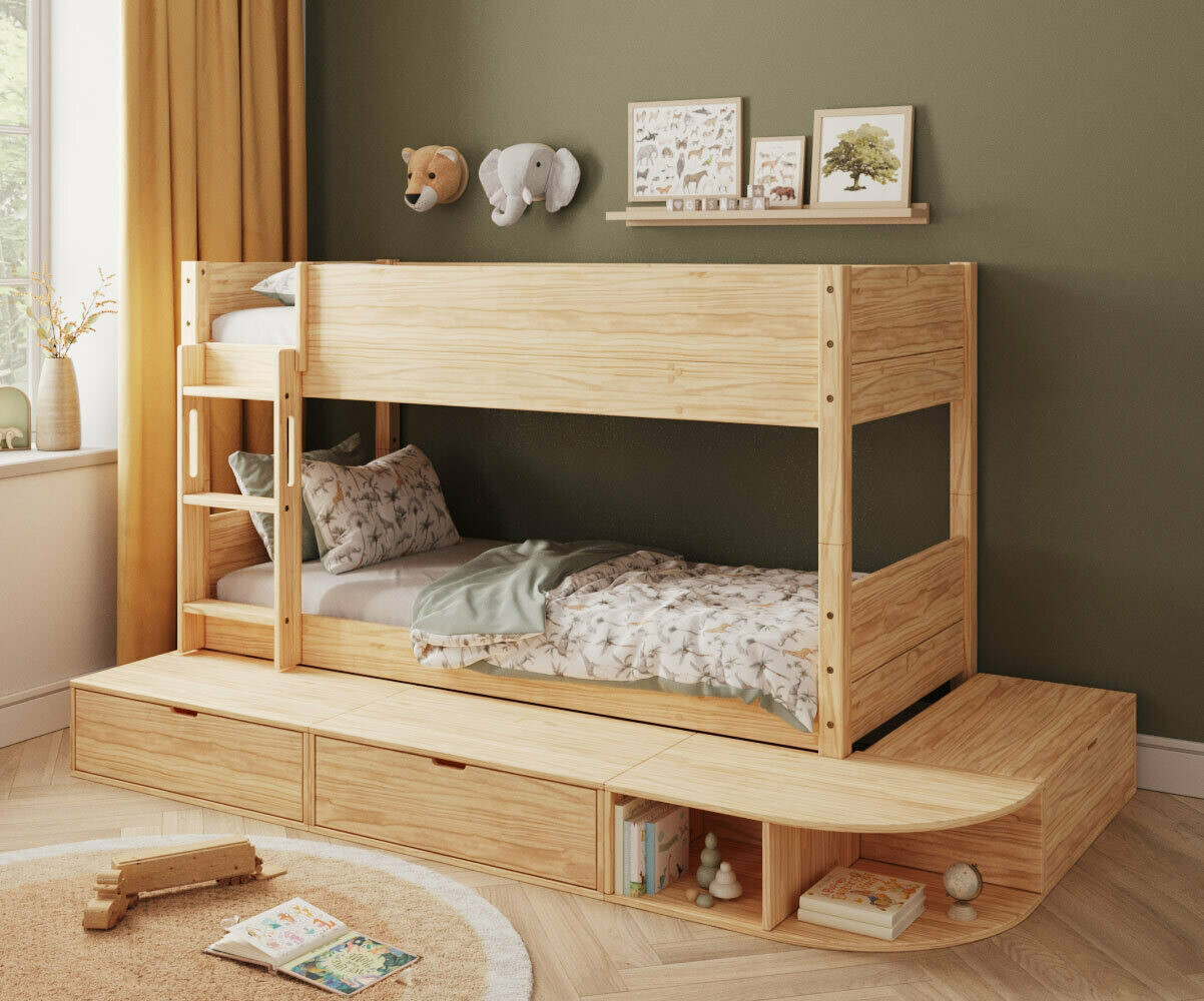 Lit superposé enfant avec estrade Combeebed Bois naturel 90x200 cm Echelle grand côté Sans barrière de sécurité Version basse