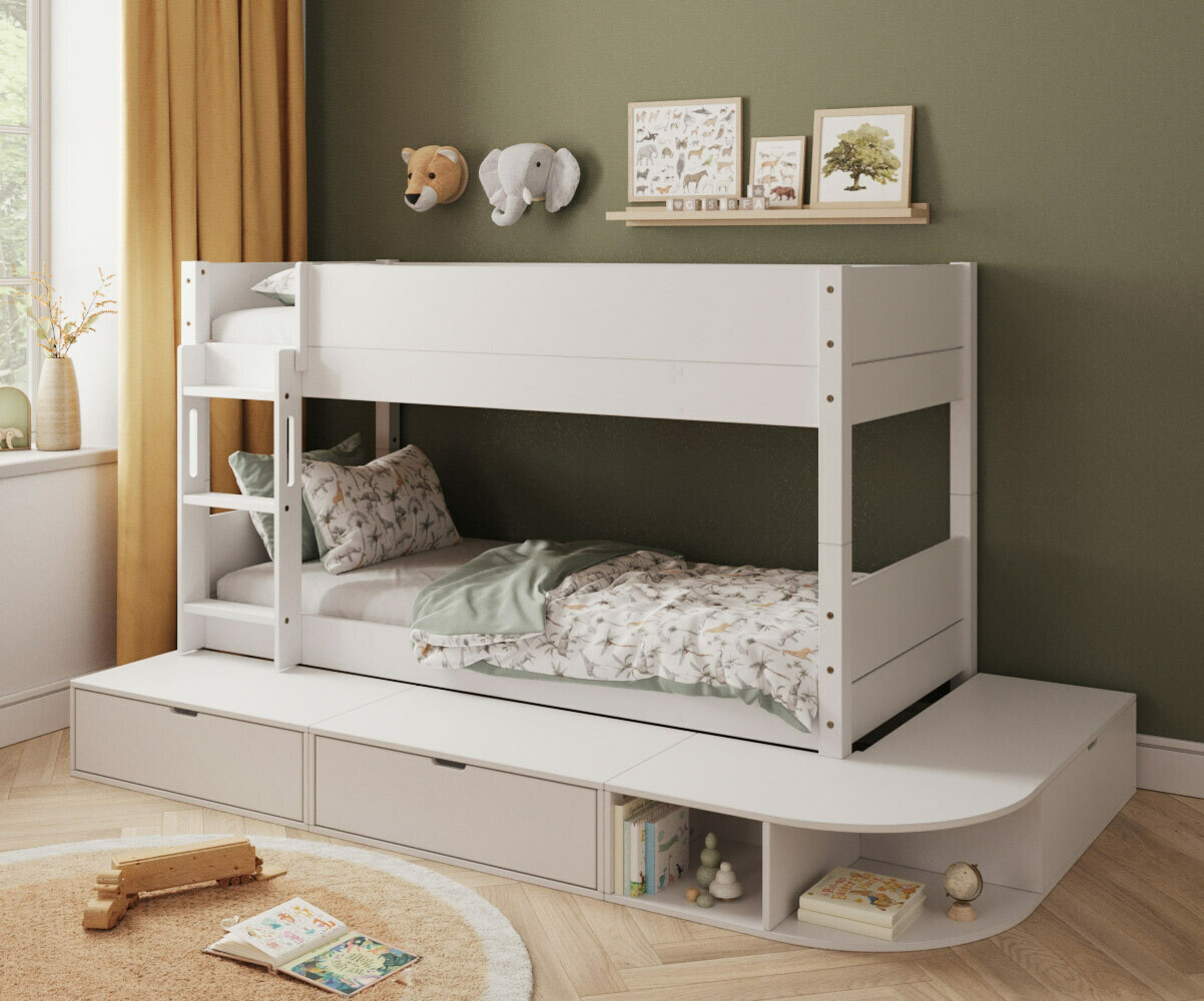 PROMO ! Lit superposé enfant avec estrade Combeebed Bois naturel 90x200 cm Echelle petit côté 1 barrière de sécurité Version évolutive