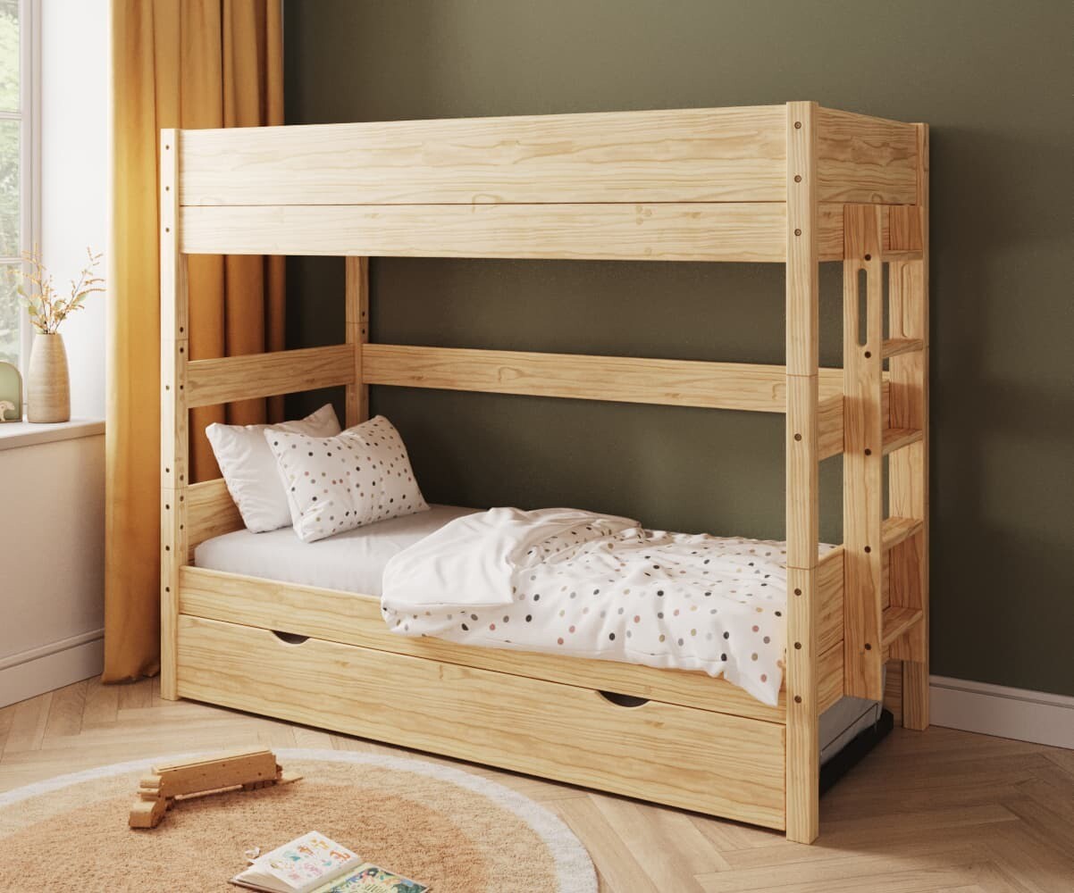 PROMO ! Lit superposé haut enfant avec sommier gigogne Combeebed Bois naturel 90x200 cm Echelle petit côté