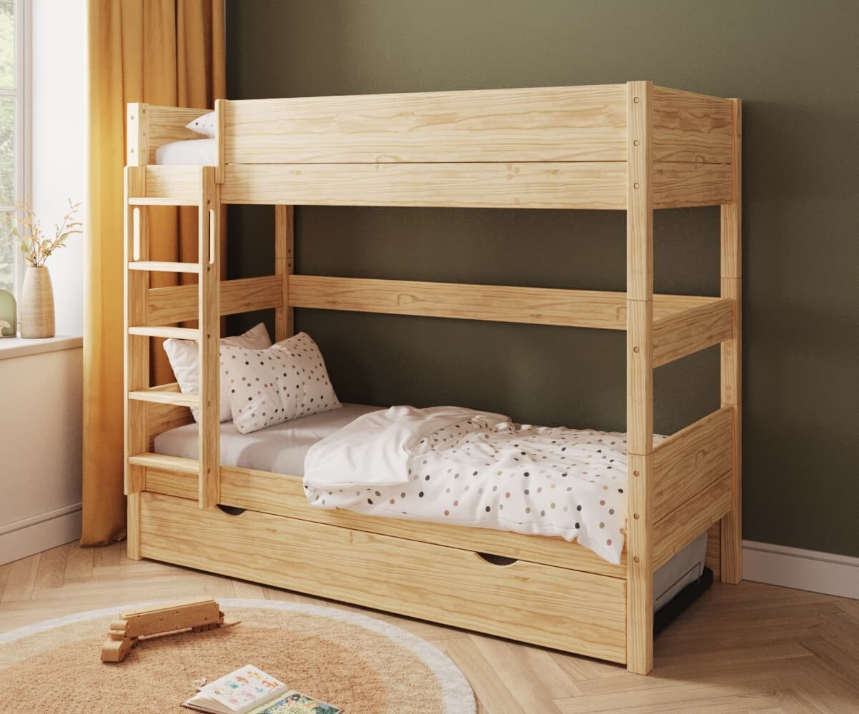 Lit superposé haut enfant avec sommier gigogne Combeebed Bois naturel 90x200 cm Echelle grand côté