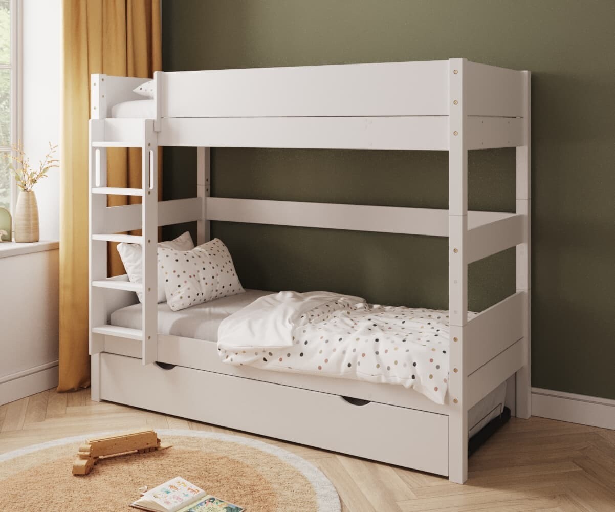 PROMO ! Lit superposé haut enfant avec sommier gigogne Combeebed Blanc 90x200 cm Echelle grand côté 1 barrière de sécurité