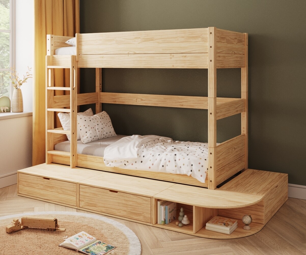 Lit superposé haut enfant avec estrade Combeebed Bois naturel 90x200 cm Echelle grand côté