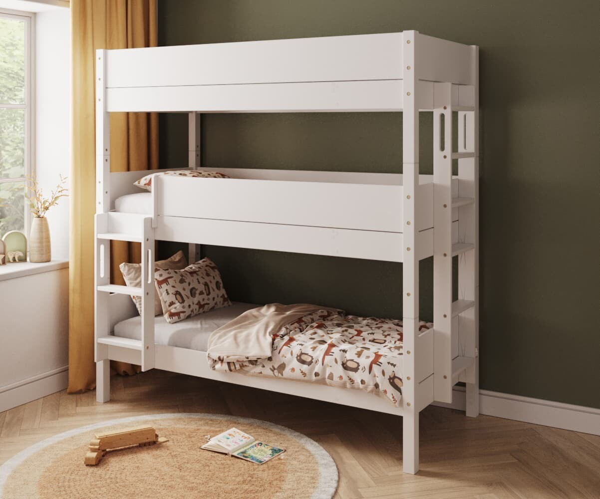 PROMO ! Lit superposé 3 places enfant avec matelas Combeebed Blanc 90x200 cm Echelle petit côté Matelas Airfresh 15 cm