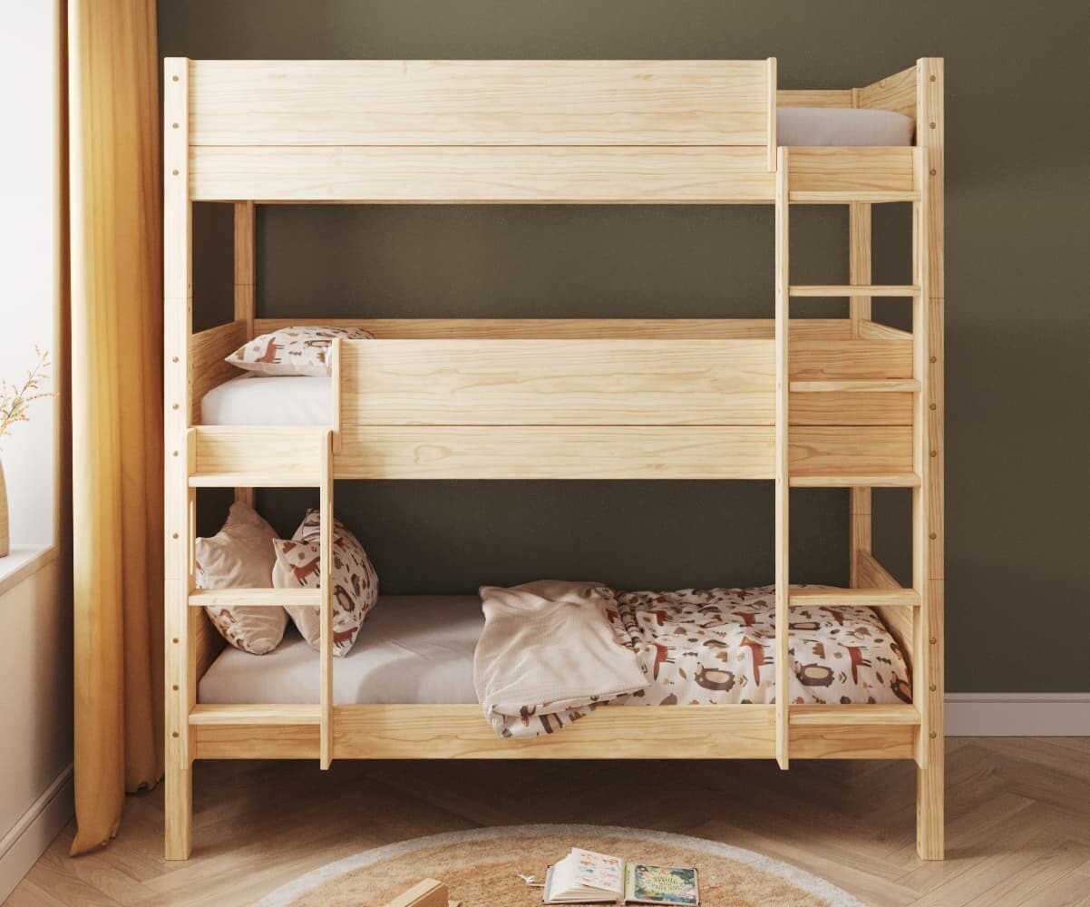 Lit superposé 3 places enfant avec matelas Combeebed Bois naturel 90x200 cm Echelle grand côté Matelas Airfresh 15 cm