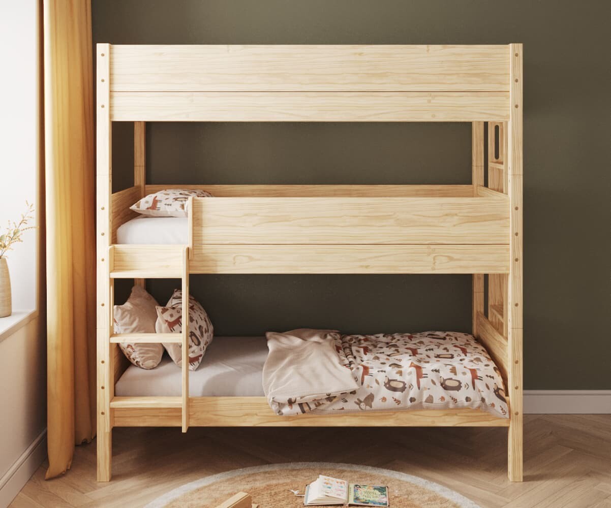 PROMO ! Lit superposé 3 places enfant avec matelas Combeebed Bois naturel 90x200 cm Echelle petit côté Matelas Norway 13 cm