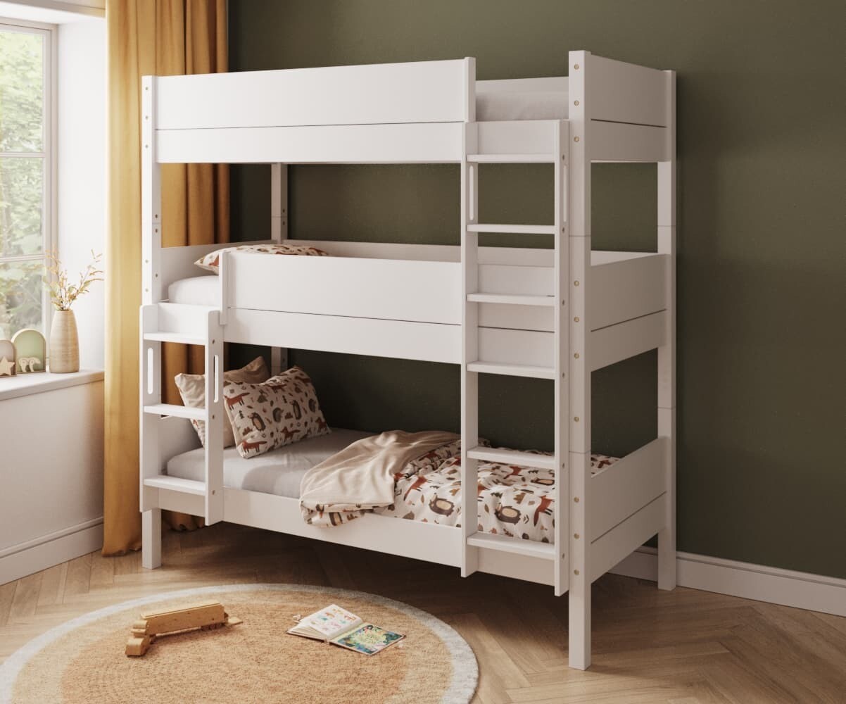 PROMO ! Lit superposé 3 places enfant avec matelas Combeebed Blanc 90x200 cm Echelle petit côté 1 barrière de sécurité Matelas Norway 13 cm