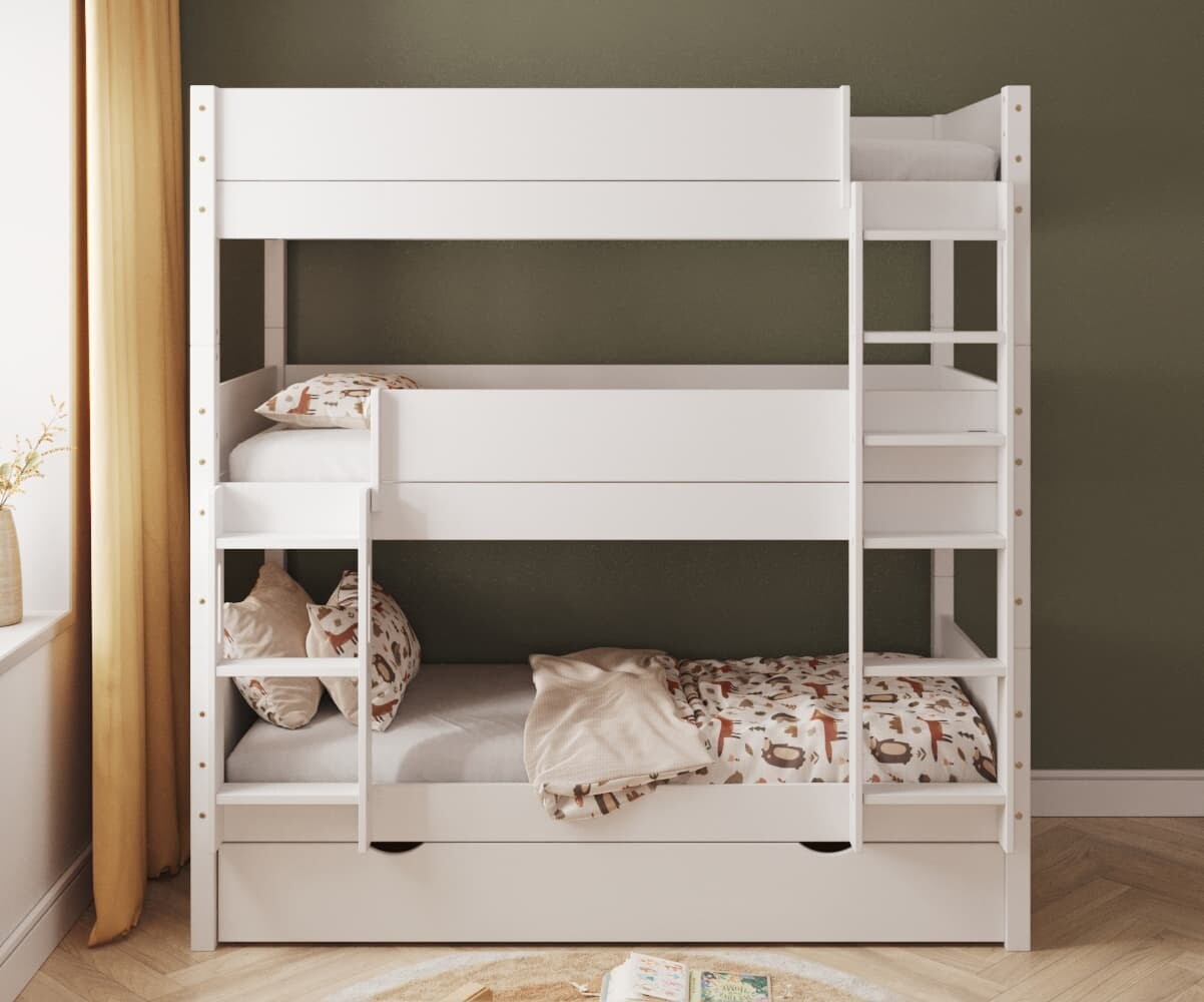 PROMO ! Lit superposé 3 places enfant avec tiroir Combeebed Blanc 90x200 cm Echelle petit côté 1 barrière de sécurité