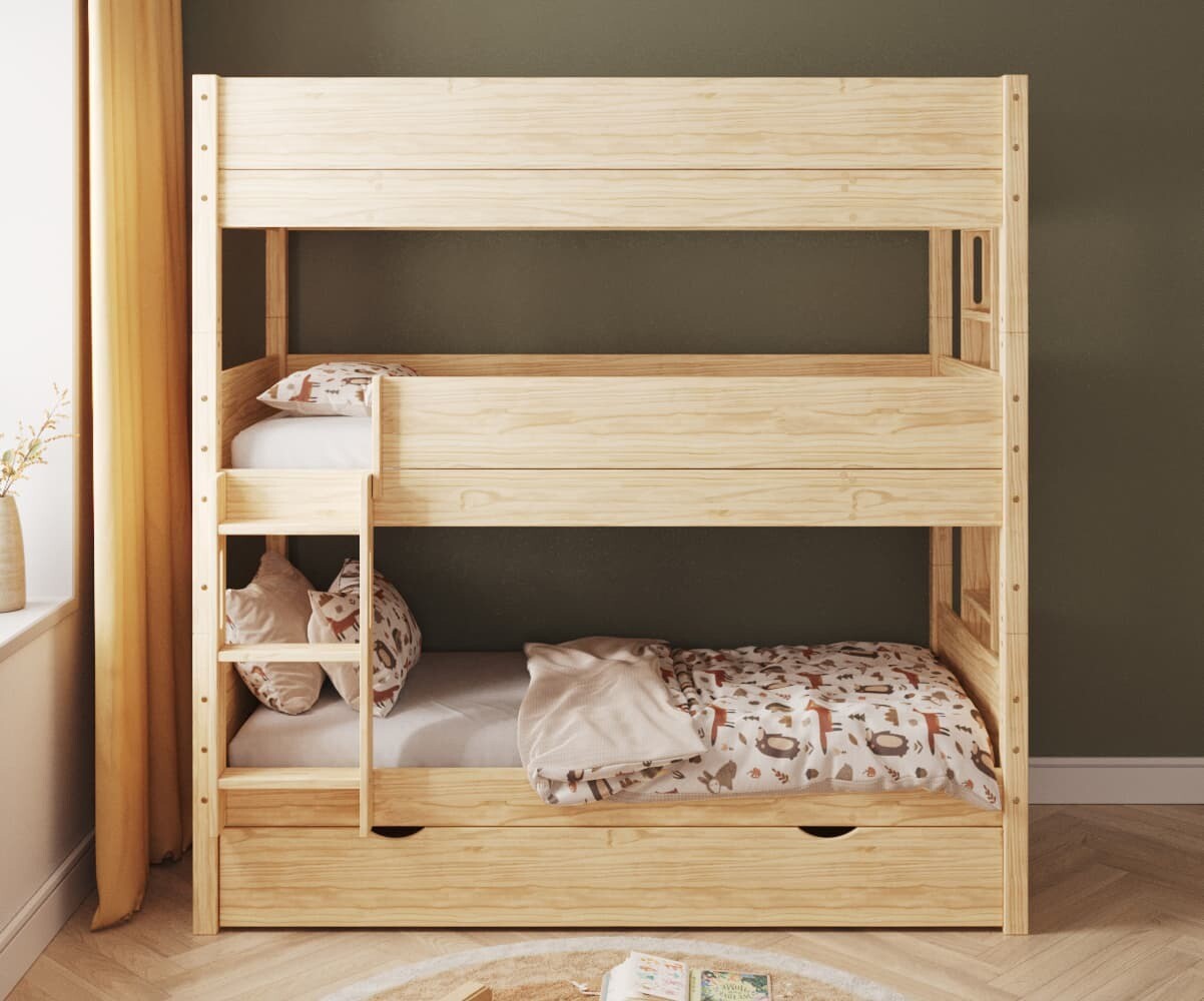 PROMO ! Lit superposé 3 places enfant avec sommier gigogne Combeebed Bois naturel 90x200 cm Echelle petit côté