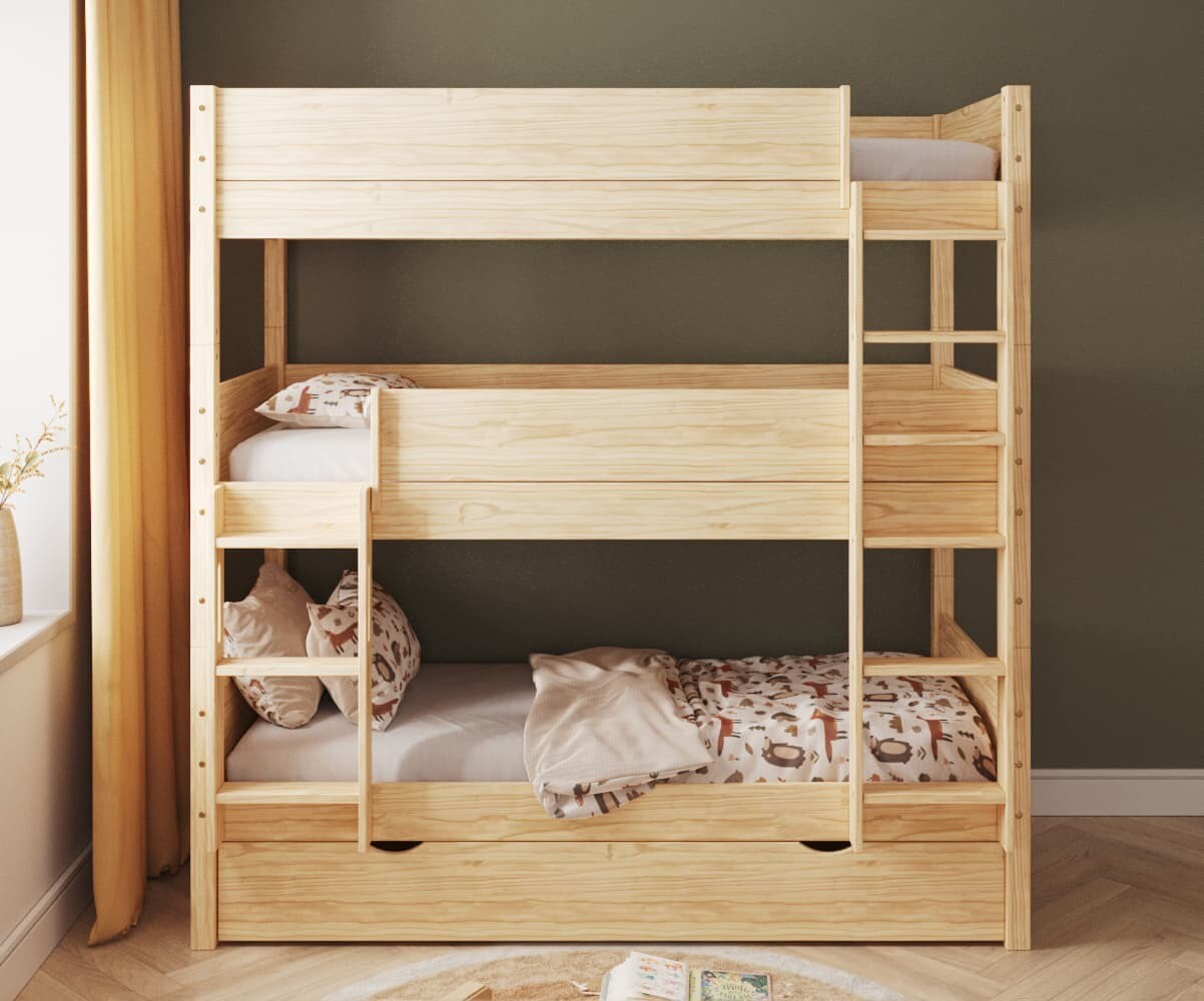 Lit superposé 3 places enfant avec sommier gigogne Combeebed Bois naturel 90x200 cm Echelle grand côté