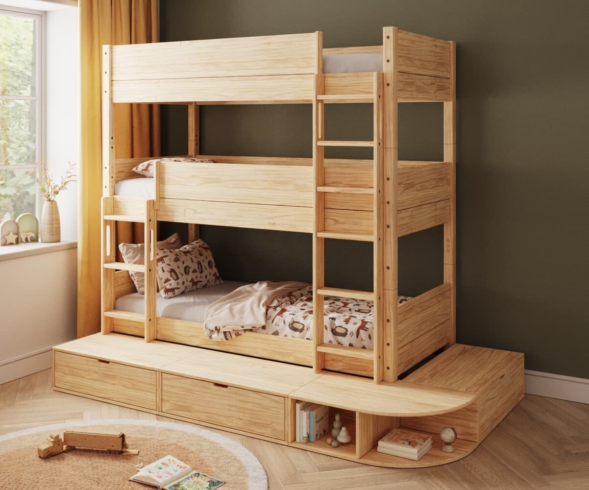 Lit superposé 3 places enfant avec estrade Combeebed Bois naturel 90x200 cm Echelle grand côté