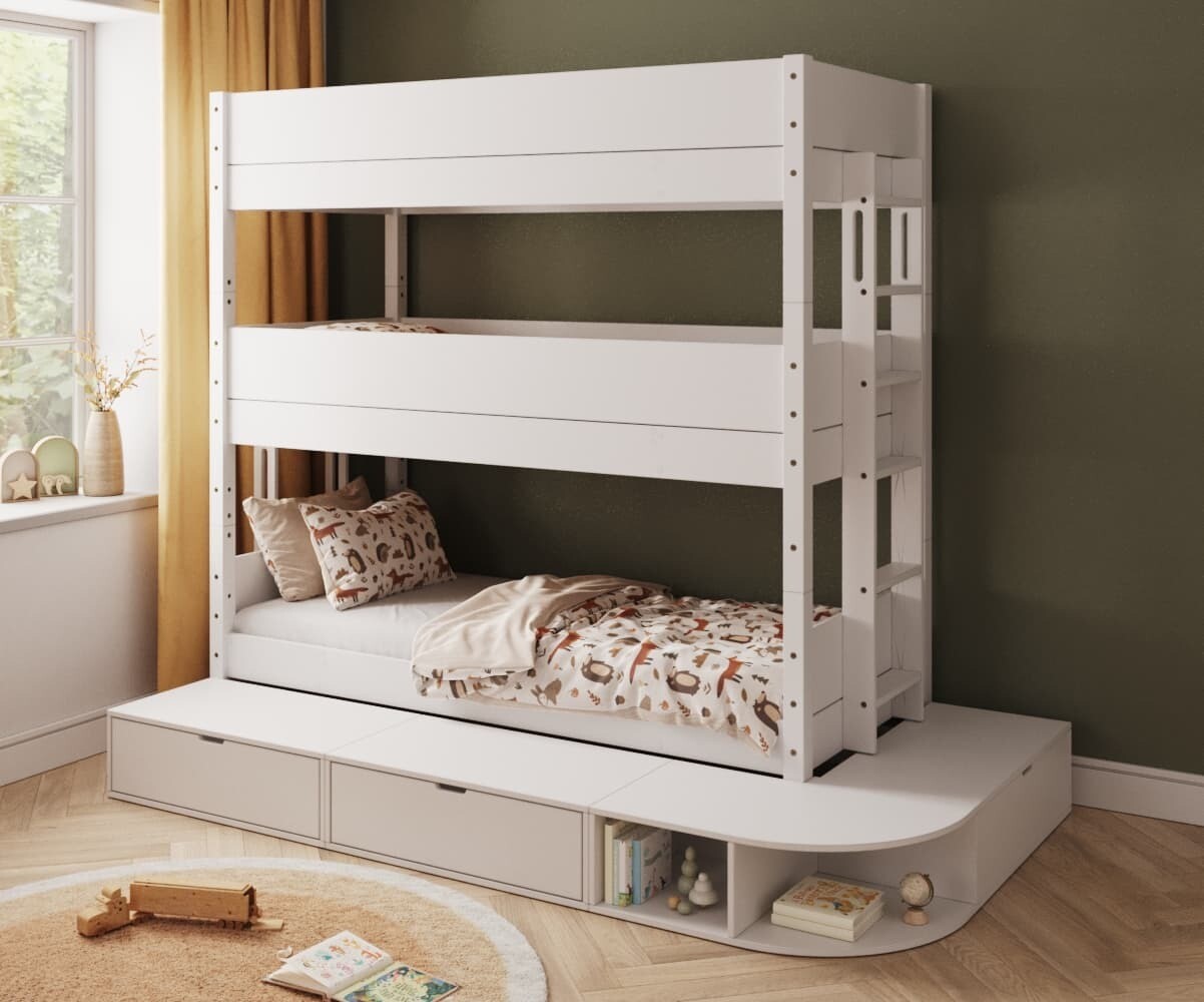 PROMO ! Lit superposé 3 places enfant avec estrade Combeebed Bois naturel 90x200 cm Echelle petit côté 1 barrière de sécurité