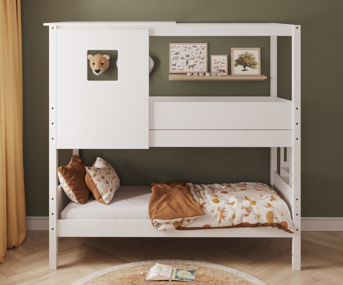 PROMO ! Lit superposé cabane enfant Combeebed Blanc 90x200 cm Echelle petit côté Toit et fenêtre haut