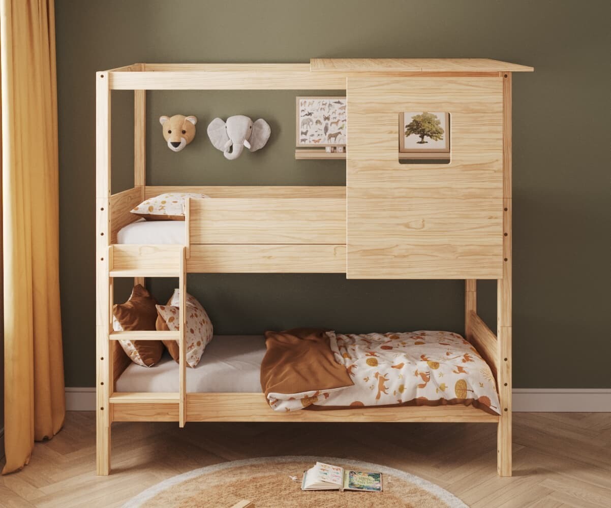 PROMO ! Lit superposé cabane enfant Combeebed Bois naturel 90x200 cm Echelle grand côté Toit et fenêtre haut