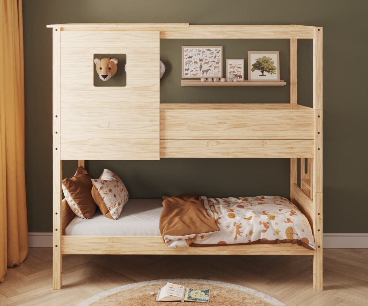 PROMO ! Lit superposé cabane enfant Combeebed Bois naturel 90x200 cm Echelle petit côté Toit et fenêtre haut