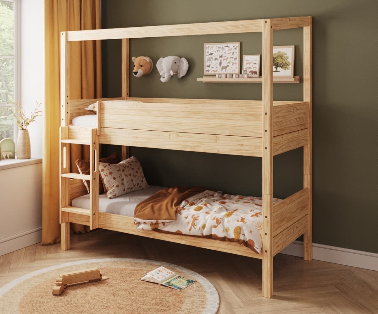 PROMO ! Lit superposé cabane enfant Combeebed Bois naturel 90x200 cm Echelle grand côté Structure cabane uniquement