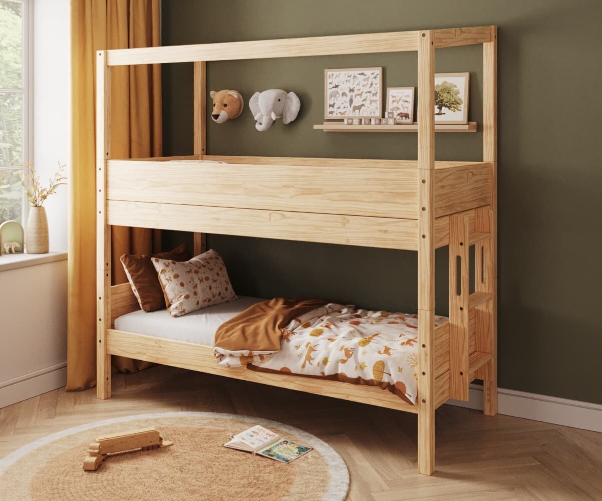 PROMO ! Lit superposé cabane enfant avec matelas Combeebed Bois naturel 90x200 cm Echelle petit côté Structure cabane uniquement Sans barrière de s