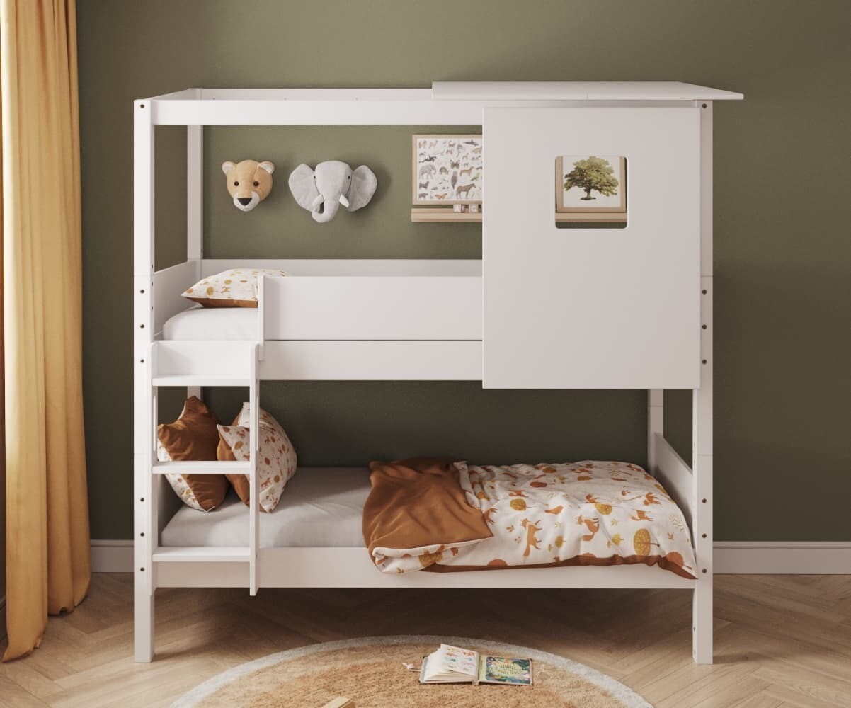 PROMO ! Lit superposé cabane enfant avec matelas Combeebed Blanc 90x200 cm Echelle grand côté Toit et fenêtre haut Sans barrière de sécurité Matela