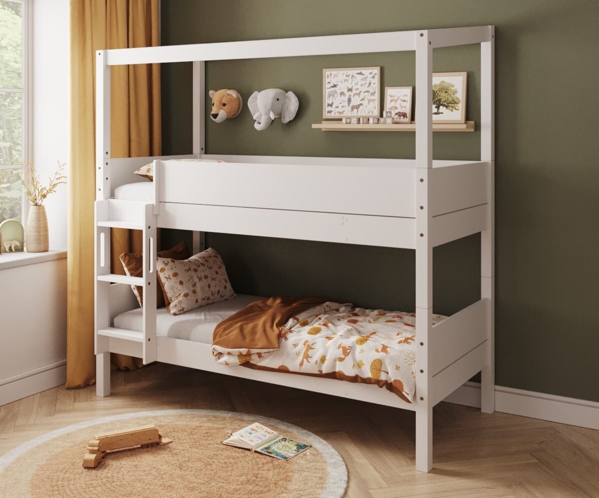 PROMO ! Lit superposé cabane enfant avec matelas Combeebed Blanc 90x200 cm Echelle petit côté Structure cabane uniquement 1 barrière de sécurité Ma