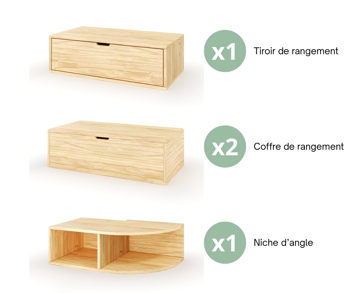 Estrade pour lit Combeebed Bois naturel 2 coffres + 1 niche d'angle + 1 tiroir