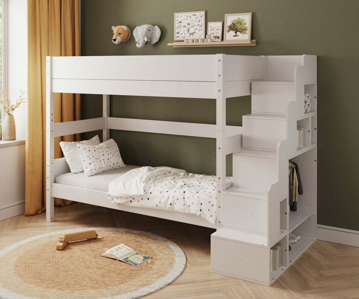 PROMO ! Lit superposé haut enfant avec escalier Combeebed Blanc 90x200 cm Sans barrière de sécurité