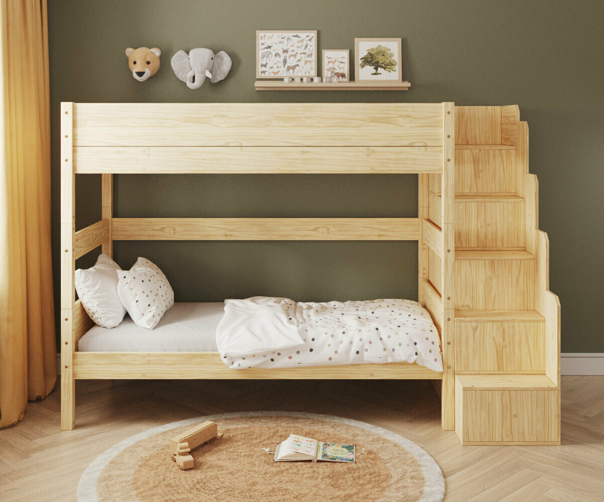 PROMO ! Lit superposé haut enfant avec escalier et matelas Combeebed Bois naturel 90x200 cm Sans barrière de sécurité Matelas Airfresh 15 cm