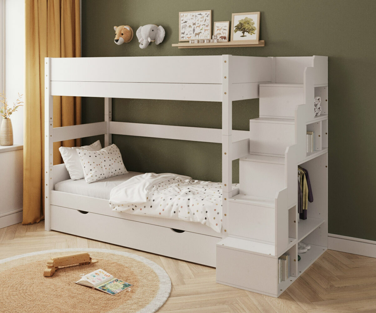 PROMO ! Lit superposé haut enfant avec escalier et sommier gigogne Combeebed Bois naturel 90x200 cm Avec barrière de sécurité
