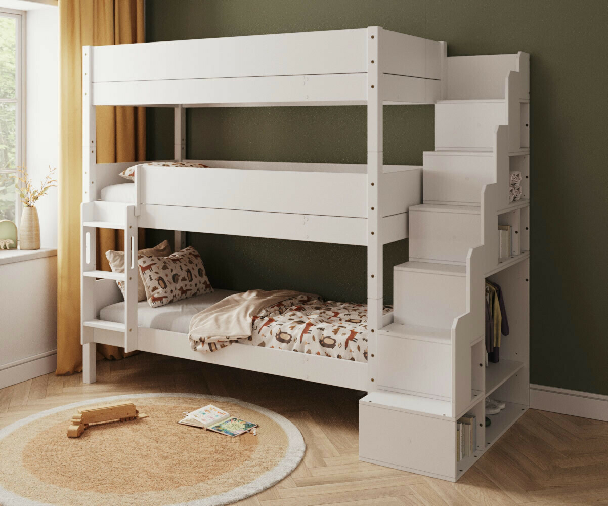 PROMO ! Lit superposé 3 places enfant avec escalier Combeebed Blanc 90x200 cm Avec barrière de sécurité