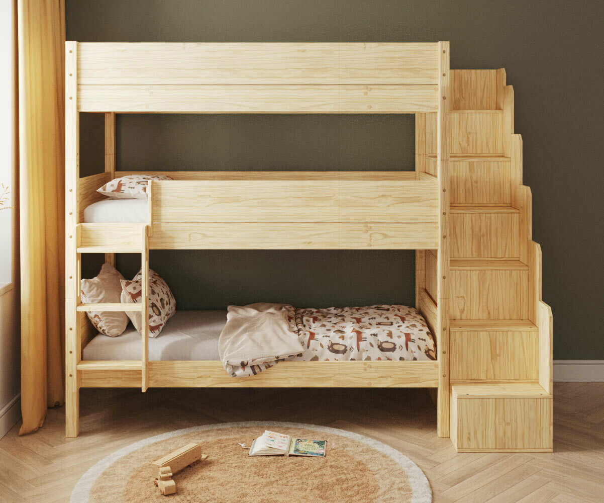 PROMO ! Lit superposé 3 places enfant avec escalier et matelas Combeebed Bois naturel 90x200 cm Sans barrière de sécurité Matelas Norway 13 cm