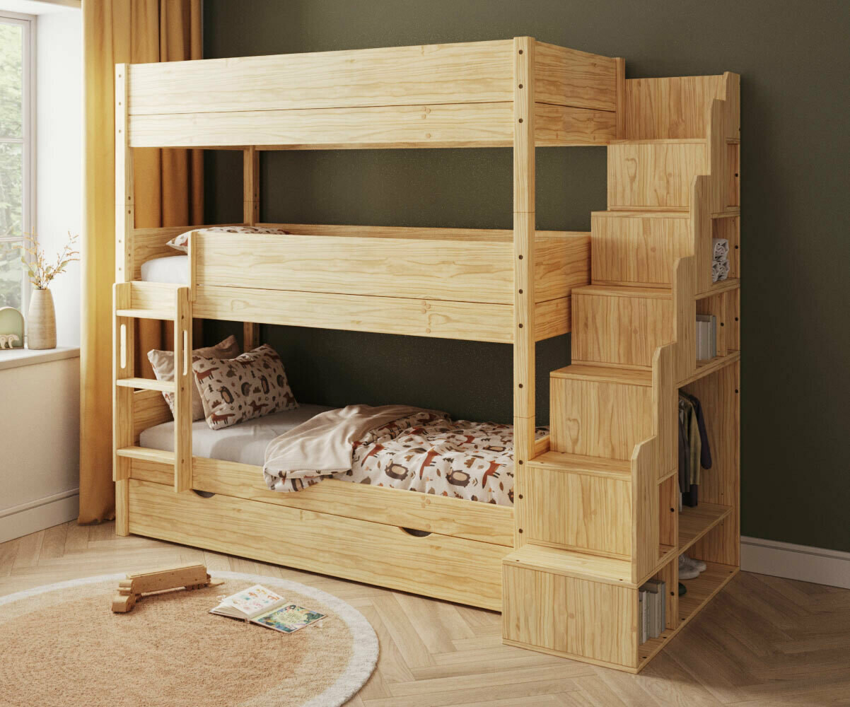 PROMO ! Lit superposé 3 places enfant avec escalier et sommier gigogne Combeebed Bois naturel 90x200 cm Sans barrière de sécurité