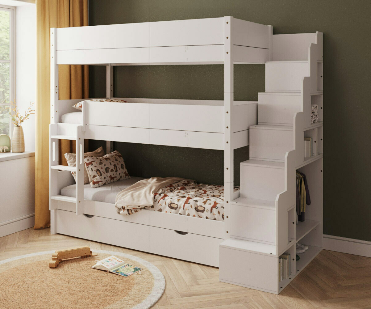PROMO ! Lit superposé 3 places enfant avec escalier et sommier gigogne Combeebed Bois naturel 90x200 cm Avec barrière de sécurité