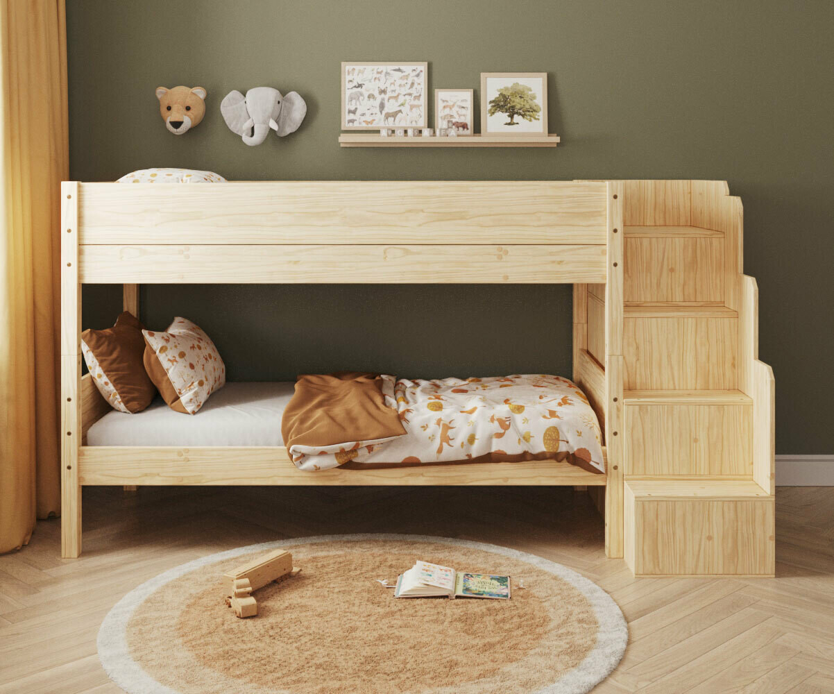 PROMO ! Lit superposé enfant avec escalier Combeebed Bois naturel 90x200 cm Sans barrière de sécurité Version évolutive