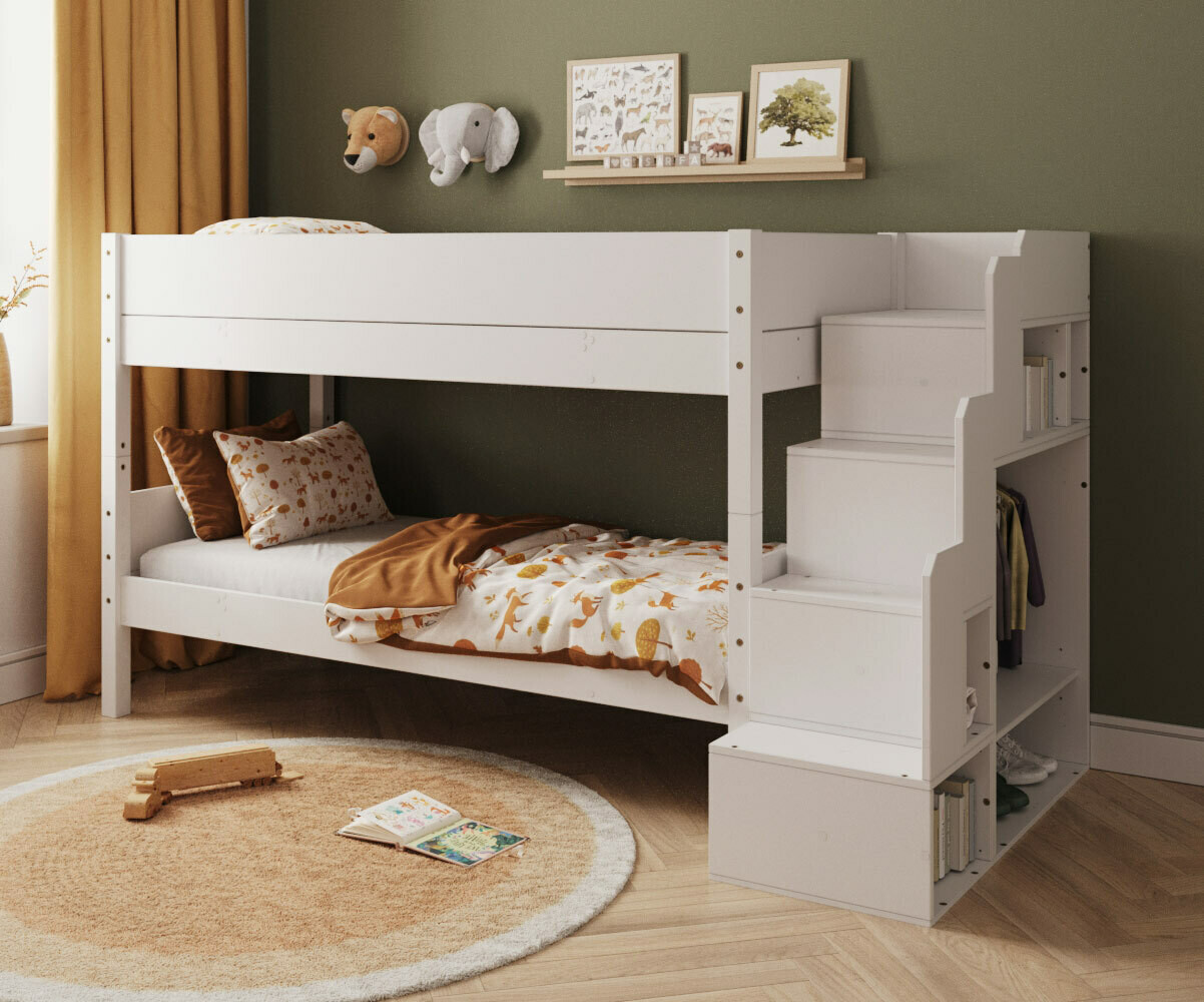 PROMO ! Lit superposé enfant avec escalier et matelas Combeebed Bois naturel 90x200 cm Avec barrière de sécurité Version basse Matelas Airfresh 15