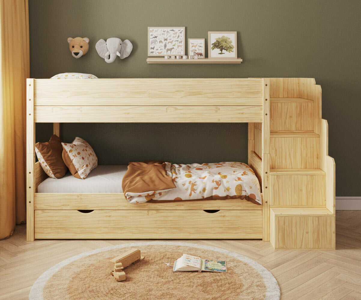 PROMO ! Lit superposé enfant avec escalier et sommier gigogne Combeebed Bois naturel 90x200 cm Sans barrière de sécurité Version basse