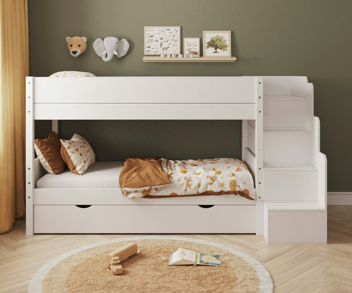 PROMO ! Lit superposé enfant avec escalier et sommier gigogne Combeebed Bois naturel 90x200 cm Avec barrière de sécurité Version basse