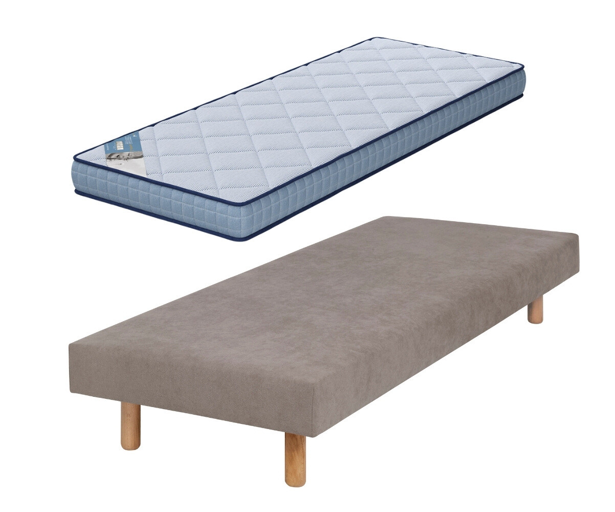 PROMO ! Sommier tapissier ado avec matelas Hisso Beige 80x200 cm Pieds Cylo bois Matelas Loona 15 cm