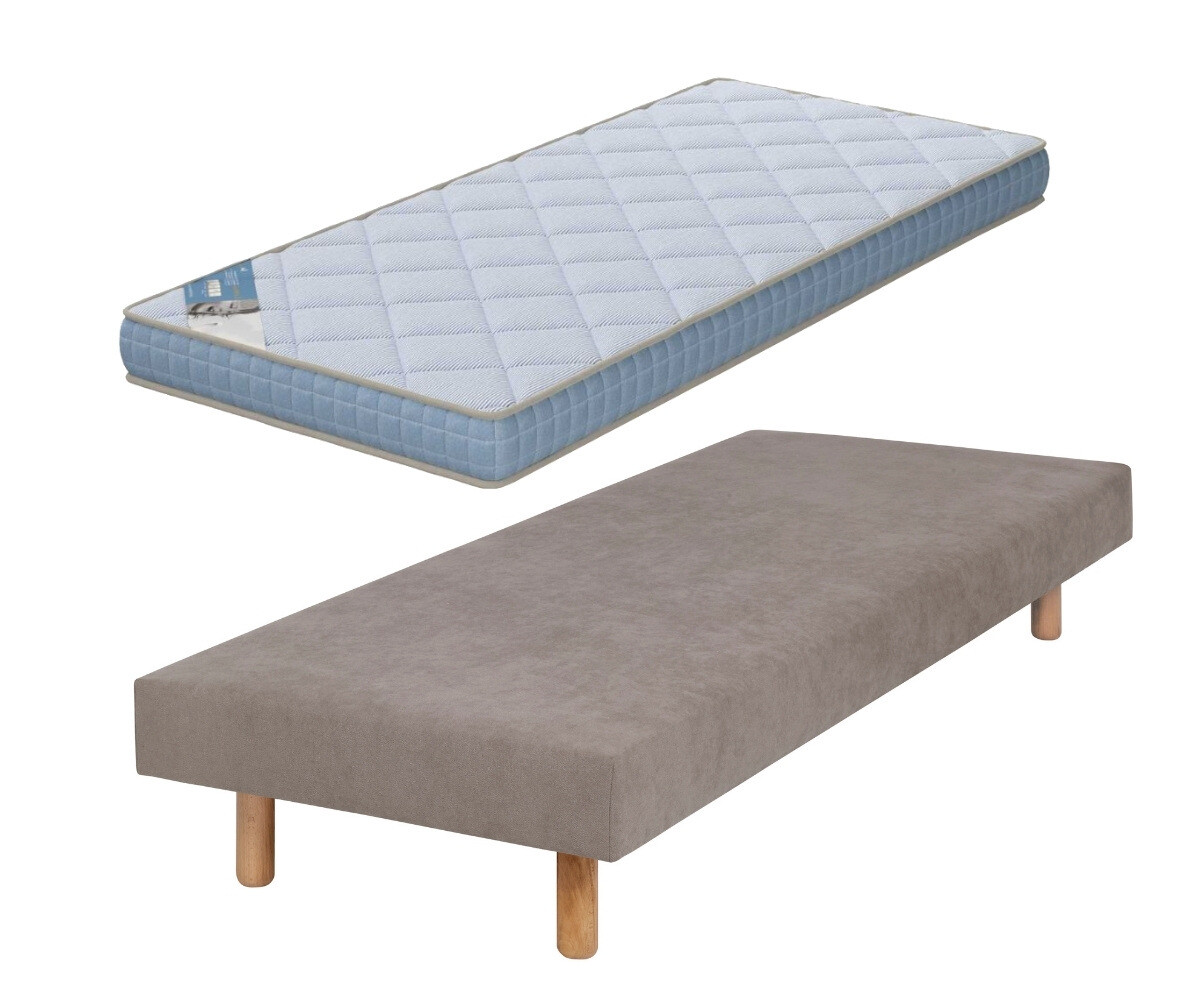 PROMO ! Sommier tapissier ado avec matelas Hisso Beige 70x190 cm Pieds Cylo bois Matelas Loona 15 cm